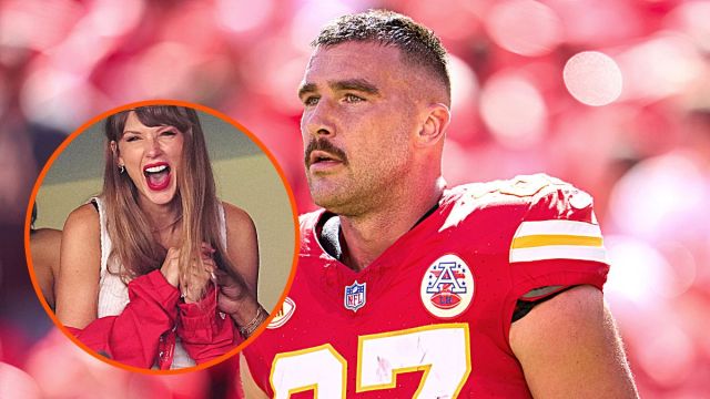 Photo montage of Travis Kelce during the Kansas City Chiefs vs. Chicago Bears game on Sunday, Sept. 24, and Taylor Swift cheering him on from the box.