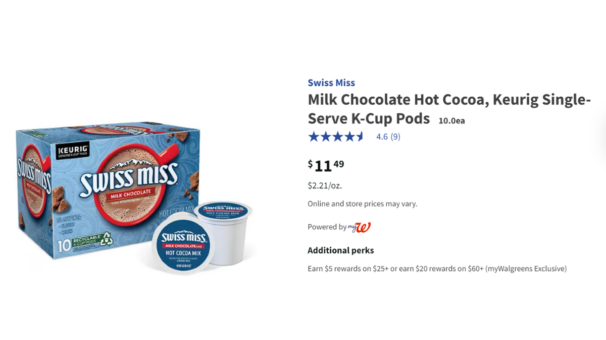 A screenshot of Walgreens site showing Swiss Miss Hot Chocolate K-Cups for $11.49.