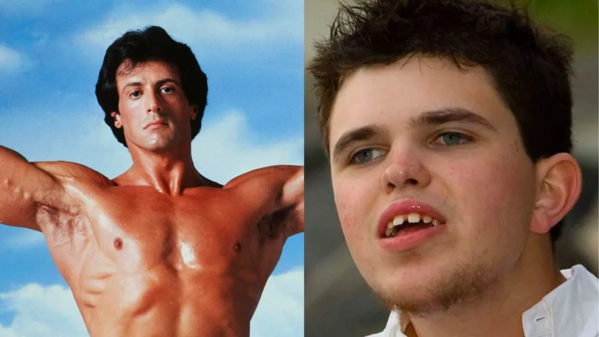 A side-by-side is shown of Sylvester Stallone and his son.