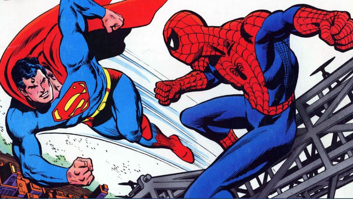 Superman and Spider-Man fighting