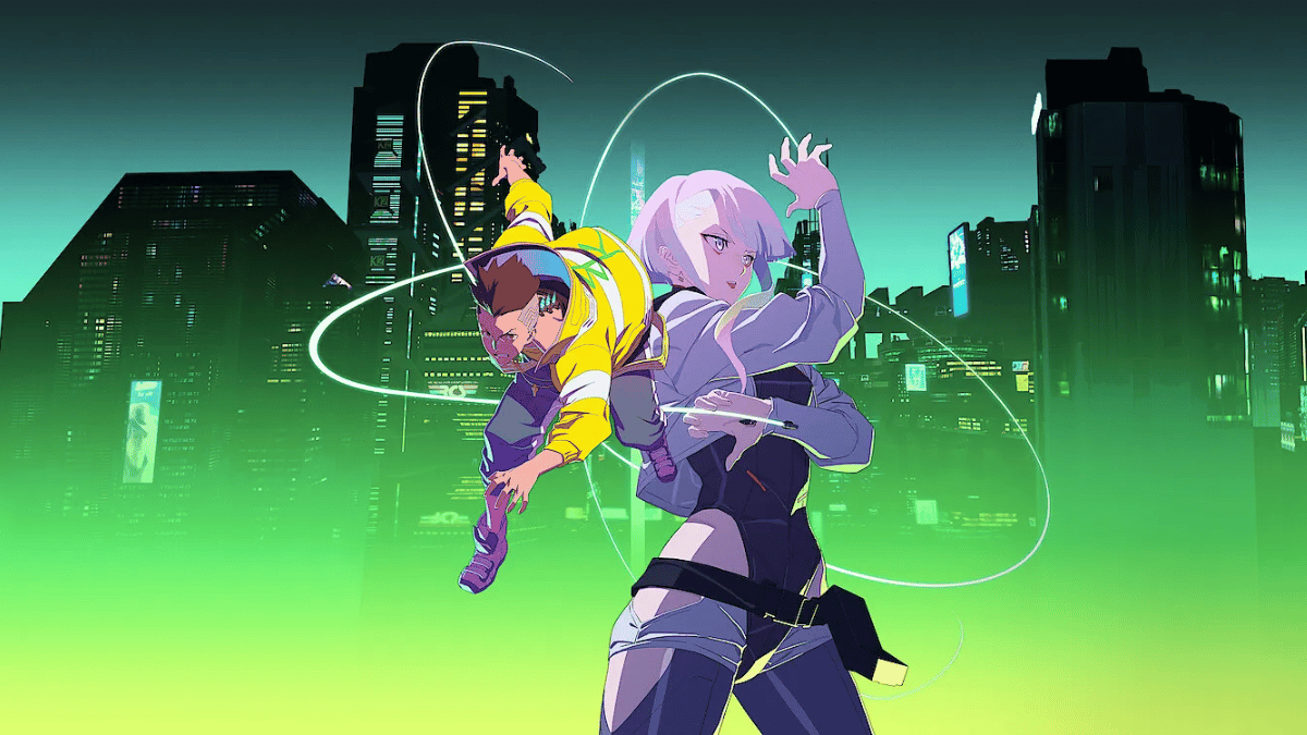 David and Lucy striking poses in promotional art for 'Cyberpunk: Edgerunners.'