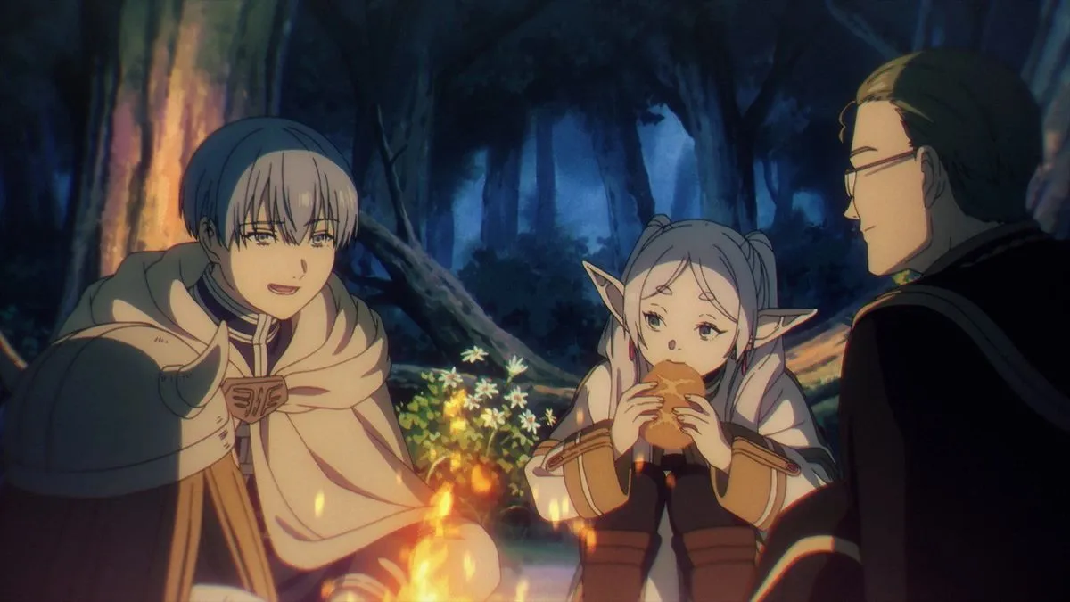Frieren chows down some bread while sitting at a campfire with her two companions Himmel the Hero and Eisen the Priest