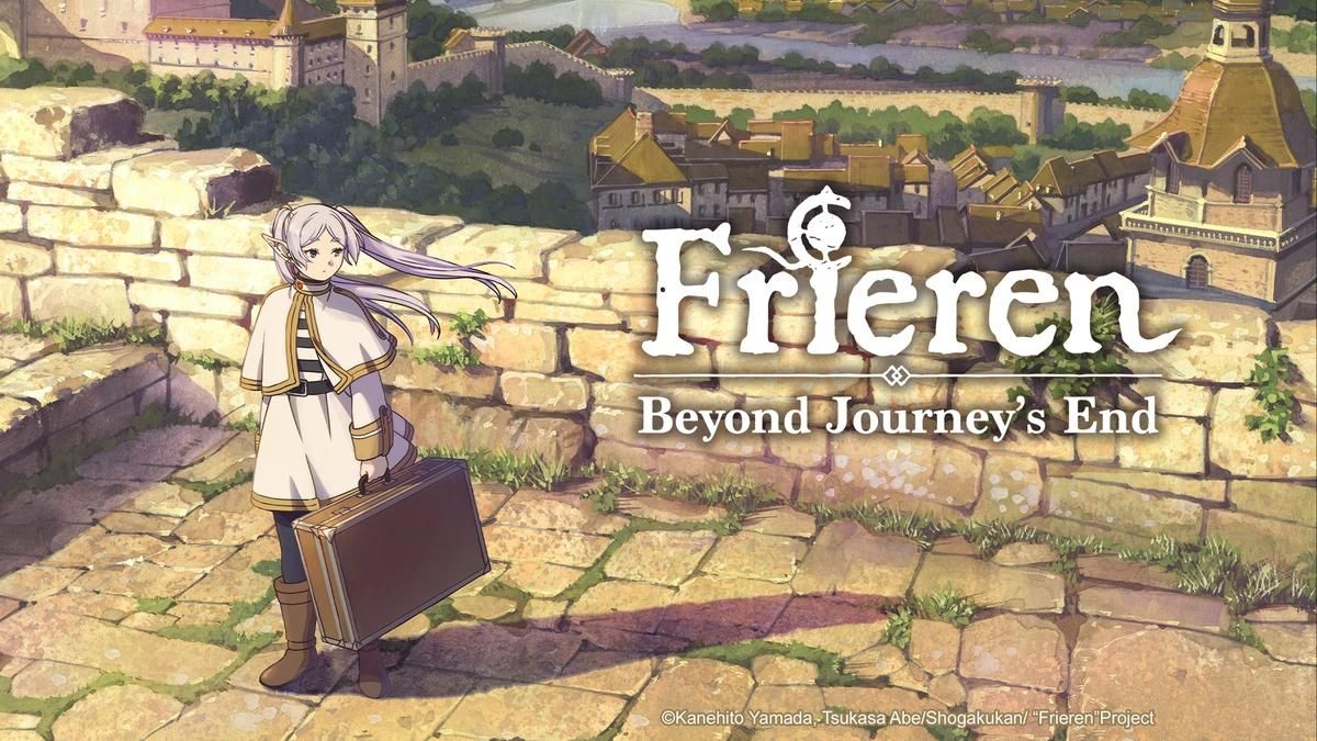 Official artwork of Frieren: Beyond Journey's End where Frieren stares off into the distance while holding a suitcase
