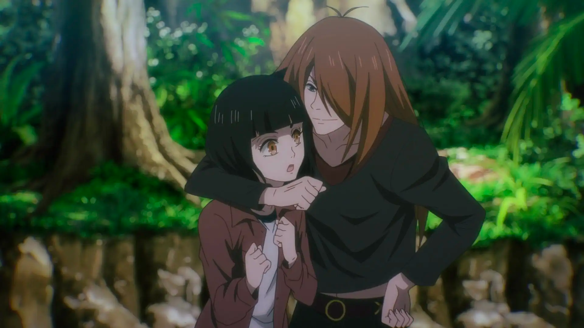 A character in 7 seeds wraps his arm around the neck of another character, as she looks shocked.