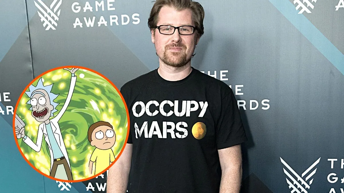 Photo montage of Justin Roiland attending the Game Awards in 2017 and an image from the show he co-created 'Rick and Morty' featuring the two title characters coming out of a green portal.