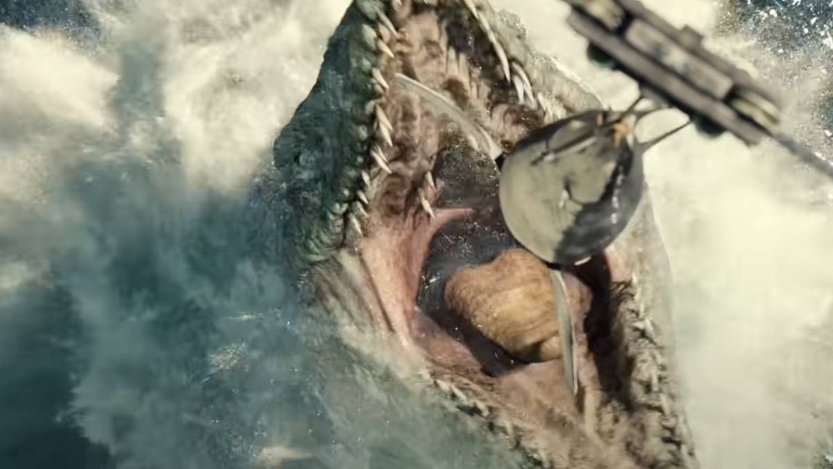 A Mosasaurus leaping out of the water to eat a shark in 'Jurassic World'
