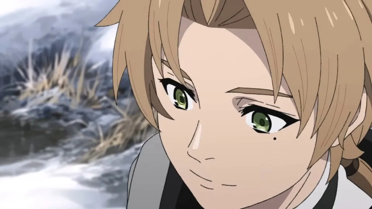 Close up of Rudeus Grayrat smiling in season 2 of 'Mushoku Tensei: Jobless Reincarnation.'