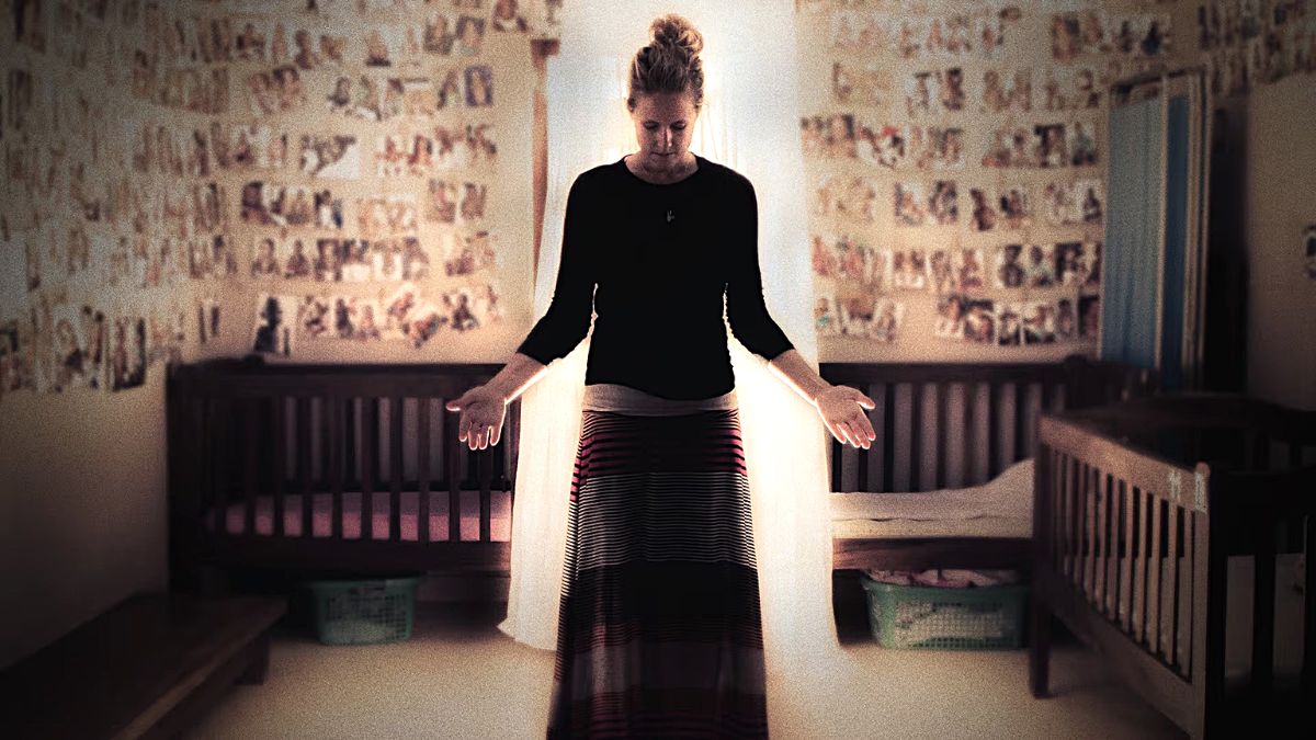 Promotional image for HBO's 'Savior Complex' docu-series featuring Renee Bach at the centre, standing with her arms out as if in prayer.