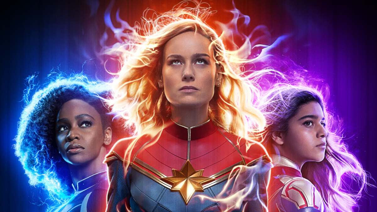 The Marvels IMAX poster featuring Brie Larson, Teyonah Parris, and Iman Vellani