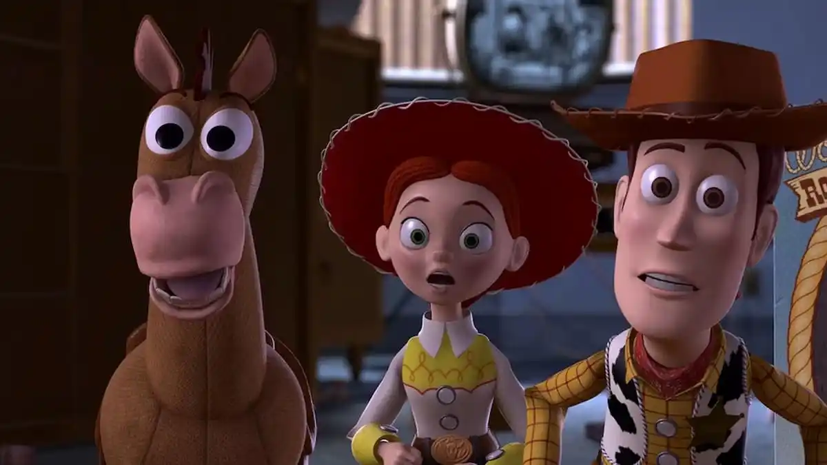 Woody, Bullseye, and Jessie are looking shocked in Toy Story 2. 