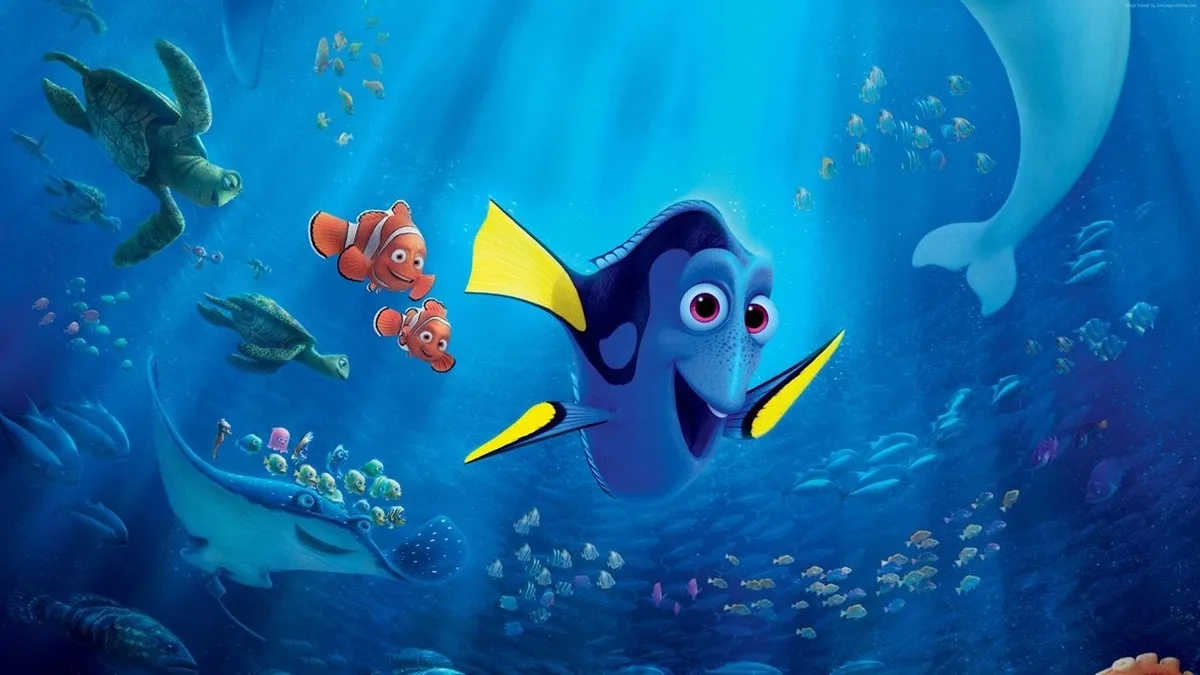 Dory is swimming, with Nemo and Marlin behind her. 