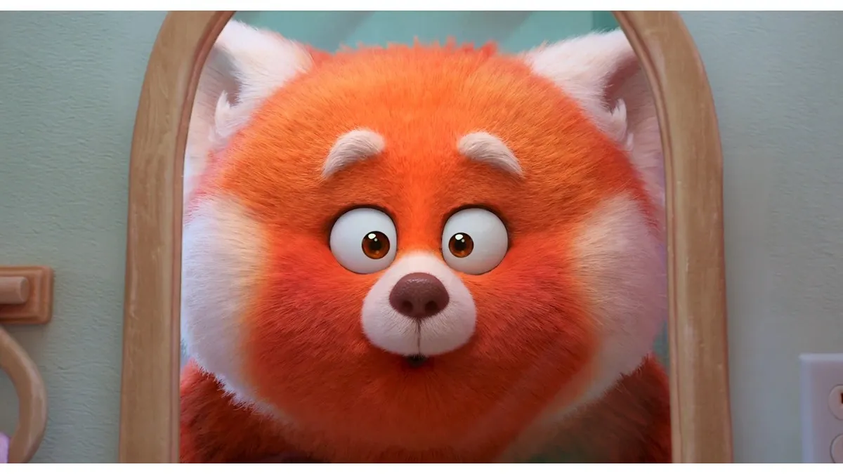The red panda from Turning Red is looking in a mirror. 