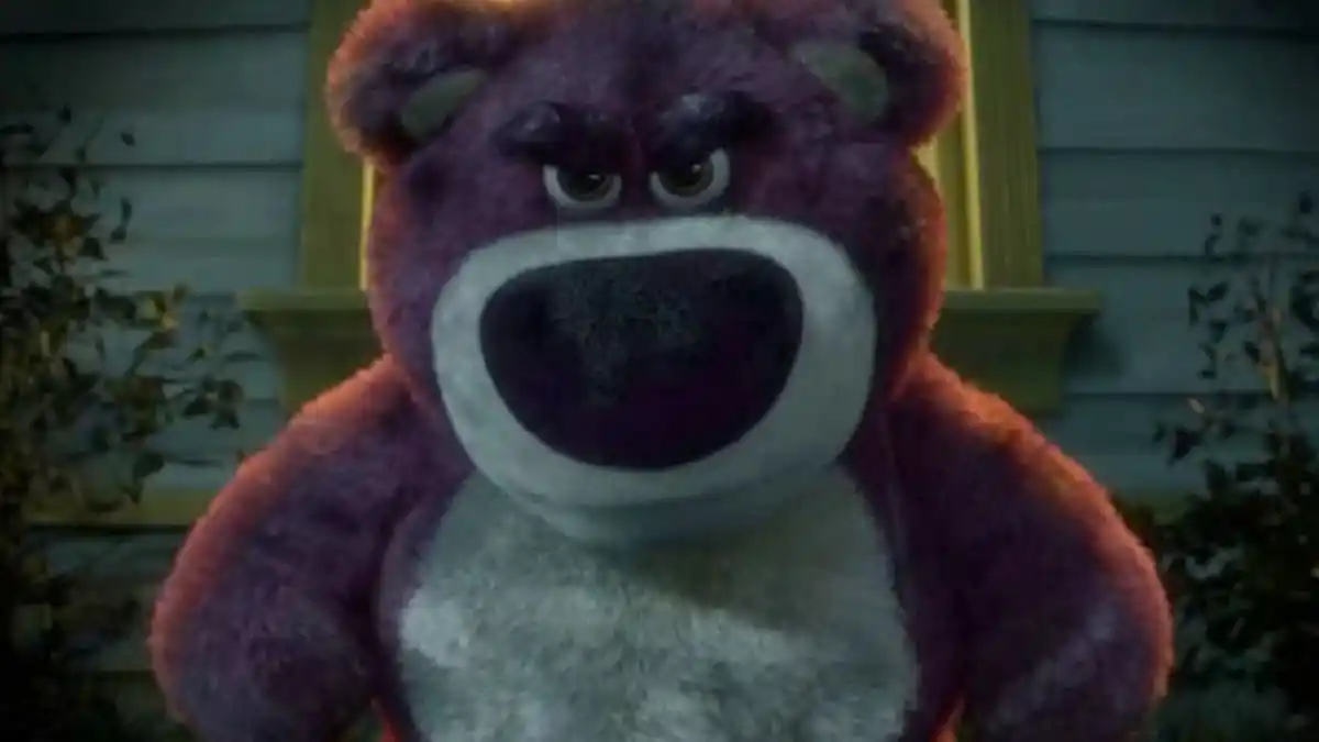 Lotso is looking down angrily in Toy Story 3. 