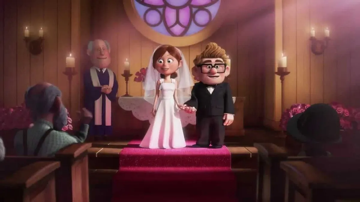Carl and his wife are standing at the altar in Up. 