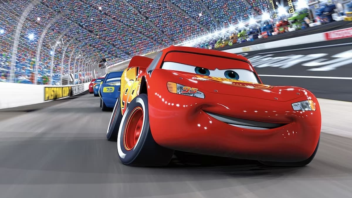 Lightning McQueen is racing down the track in Cars. 