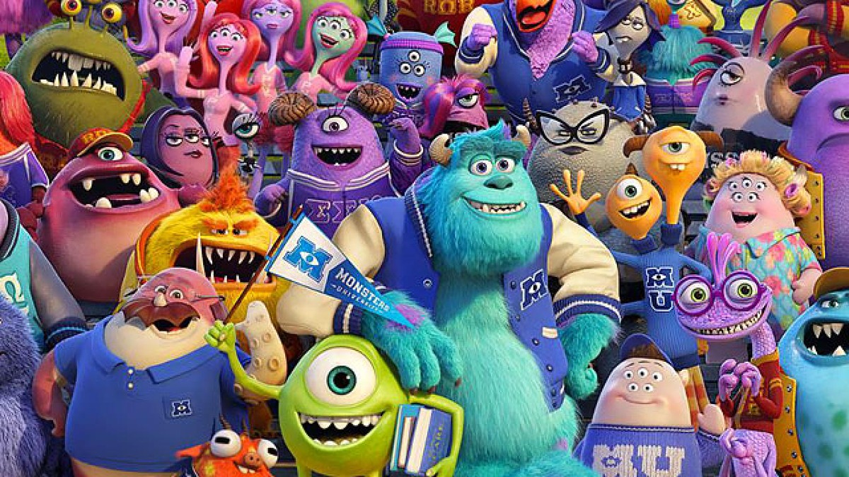 Characters from Monsters University are posing for a picture. 