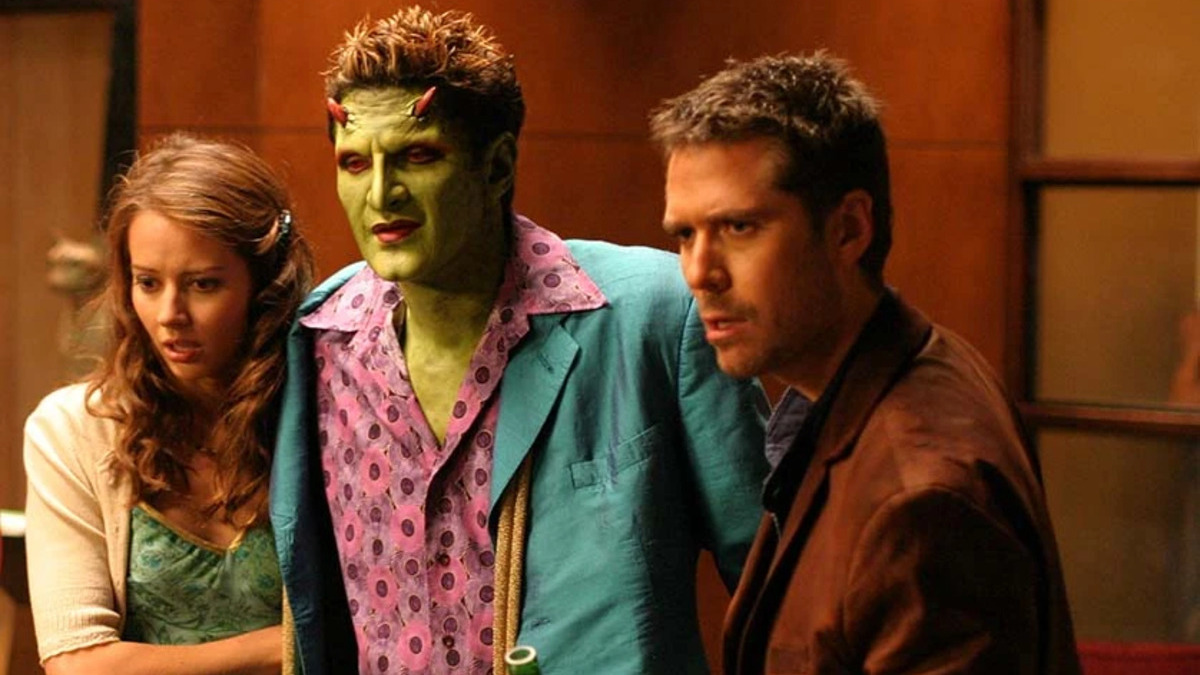 A drunken Fred (Amy Acker) and Wesley (Alexis Denisof) and a tired Lorne (Andy Hallett) lean on each other to keep standing in 'Angel' episode "Life of the Party."