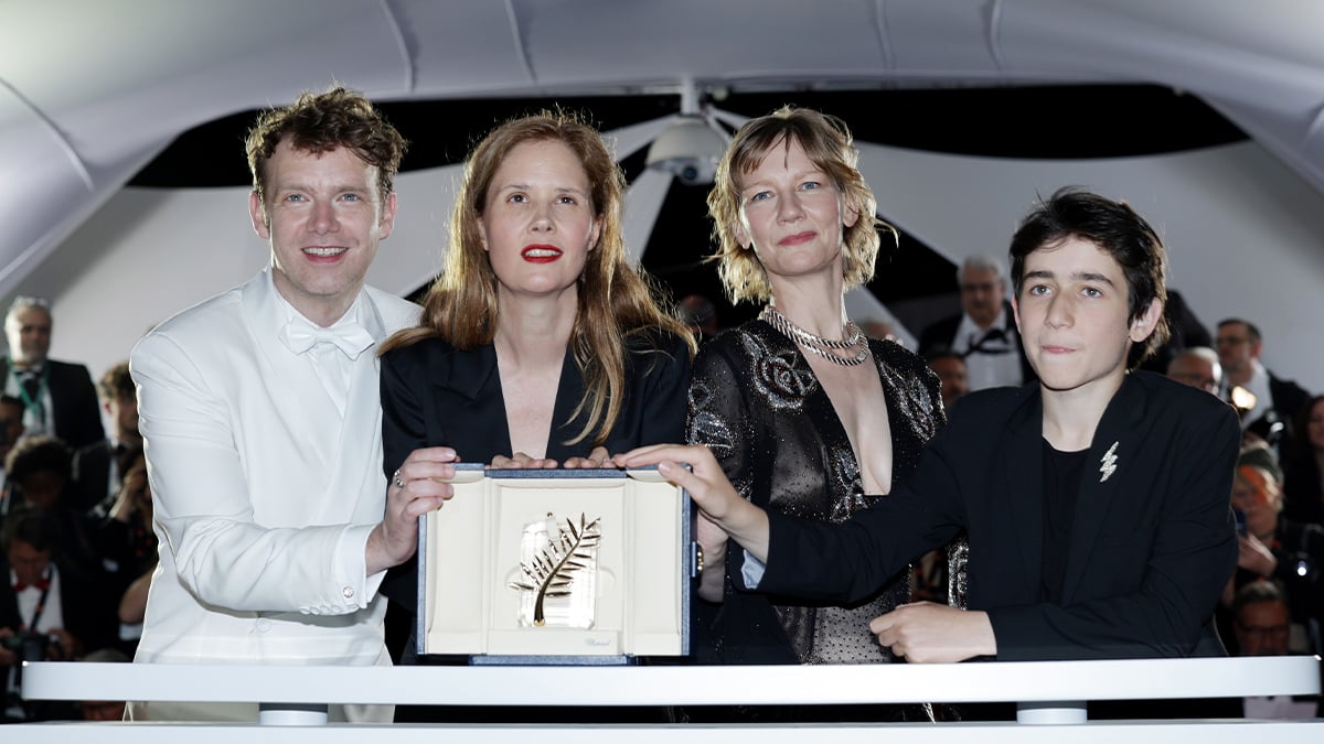 Antoine Reinartz, Director Justine Triet, Sandra Hüller and Milo Machado Graner pose with The Palme D'Or Award for 'Anatomy of a Fall'