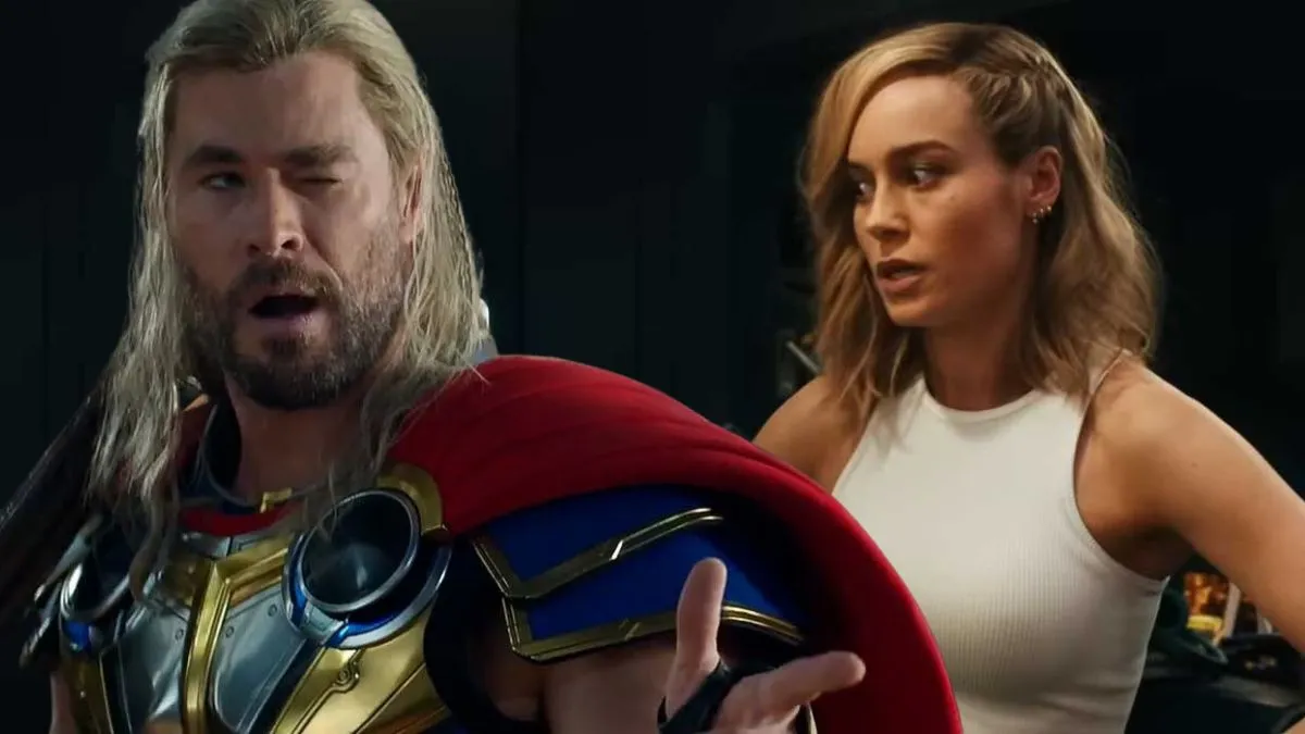 Chris Hemsworth's Thor winks superimposed over an image of Brie Larson's Captain Marvel looking unimpressed.