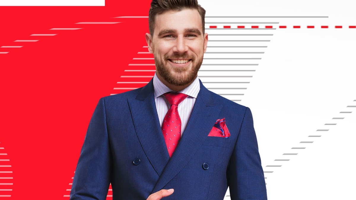 Promotional image of Catching Kelce, with Travis Kelce in a blue suit with red tie