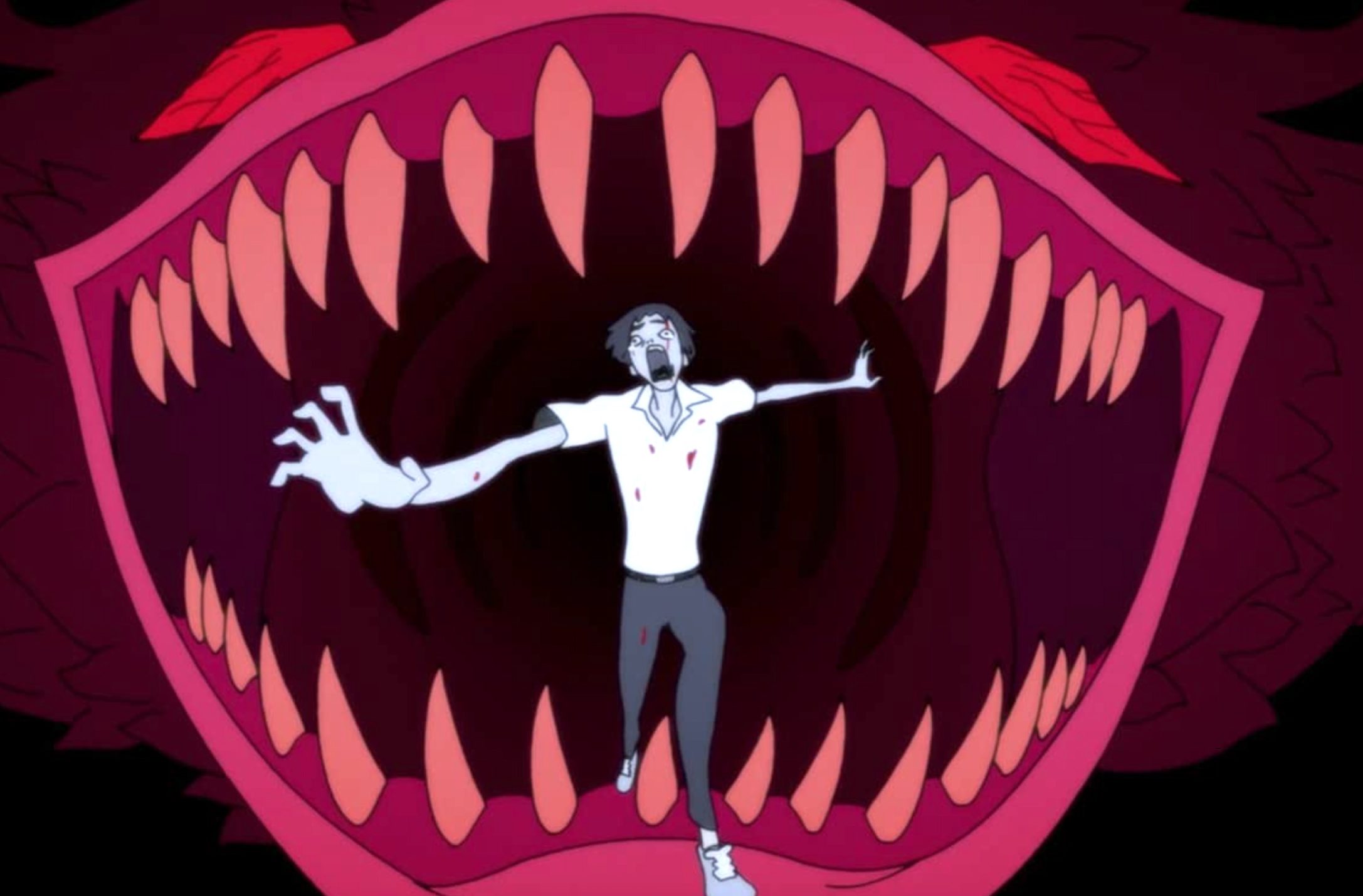 A character from Devilman: Crybaby is running away from an open jaw.