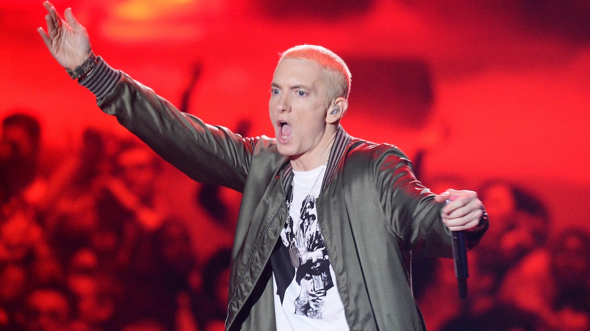 Eminem performs onstage at the 2014 MTV Movie Awards at Nokia Theatre L.A. Live