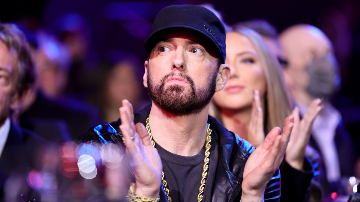 Eminem seen clapping in the audience at the 37th Annual Rock & Roll Hall of Fame Induction Ceremony