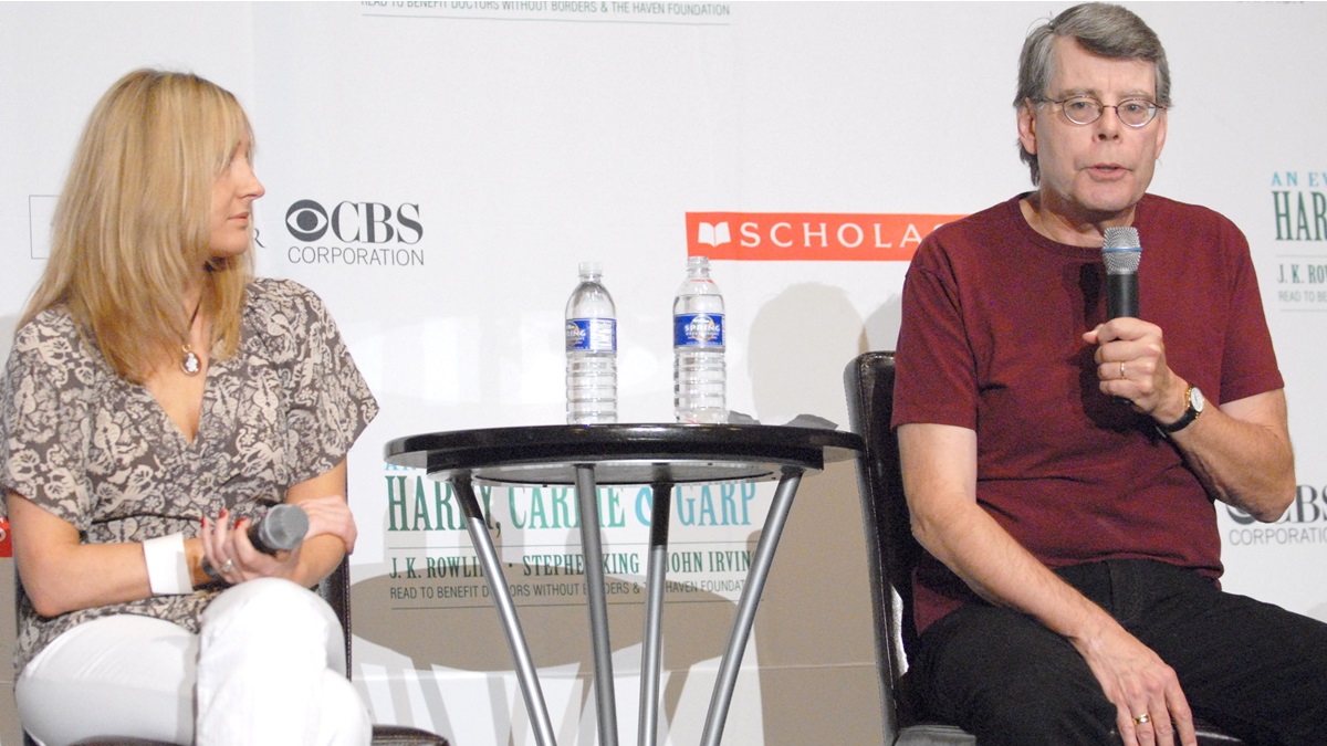 J.K. Rowling and Stephen King during "Harry, Carrie and Garp" Press Conference with J.K. Rowling, Stephen King and John Irving at Radio City Music Hall in New York City, New York, United States.