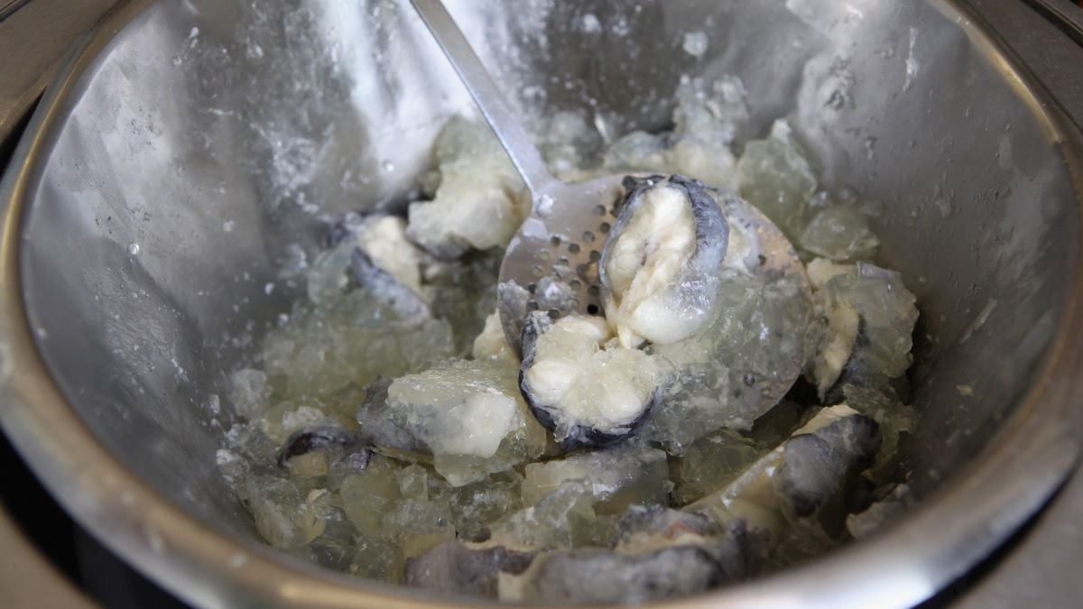 Jellied eels for sale in M.Manze, the oldest trading eel and pie house, on February 25, 2011 in London, England. The business, which simply serves: pies, mashed potatoes and eels, was established in 1892 and since 1902 has remained in the same family. (Photo by Oli Scarff/Getty Images)