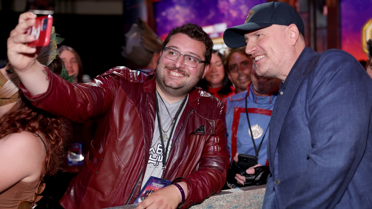 HOLLYWOOD, CALIFORNIA - APRIL 27: Marvel Studios President Kevin Feige (R) and guests attend the Guardians of the Galaxy Vol. 3 World Premiere at the Dolby Theatre in Hollywood, California on April 27, 2023.