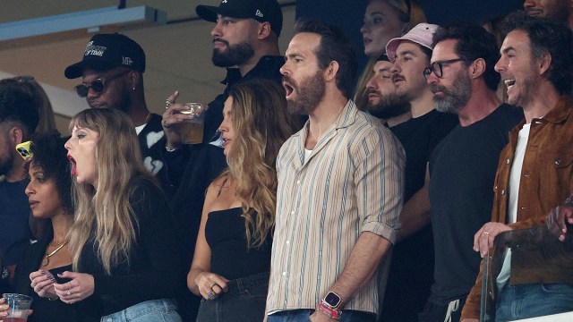 EAST RUTHERFORD, NEW JERSEY - OCTOBER 01: (L-R) Singer Taylor Swift, Actor Ryan Reynolds and Actor Hugh Jackman cheer prior to the game between the Kansas City Chiefs and the New York Jets at MetLife Stadium on October 01, 2023 in East Rutherford, New Jersey.