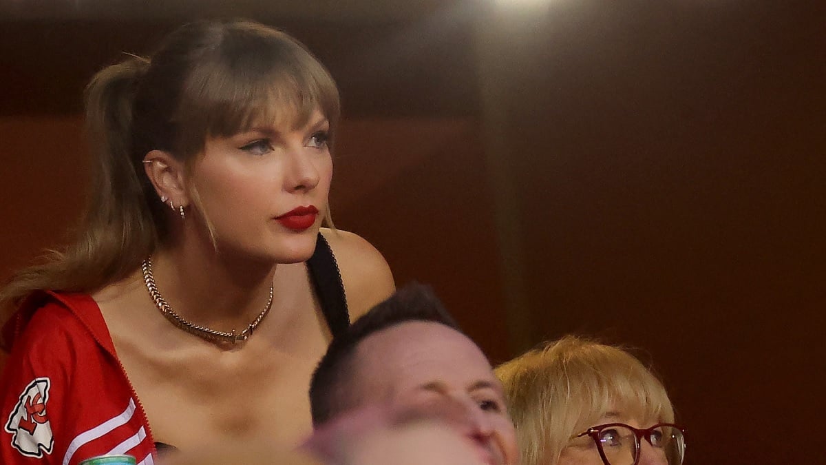 KANSAS CITY, MISSOURI - OCTOBER 12: Taylor Swift looks on before the game between the Kansas City Chiefs and the Denver Broncos at GEHA Field at Arrowhead Stadium on October 12, 2023 in Kansas City, Missouri.