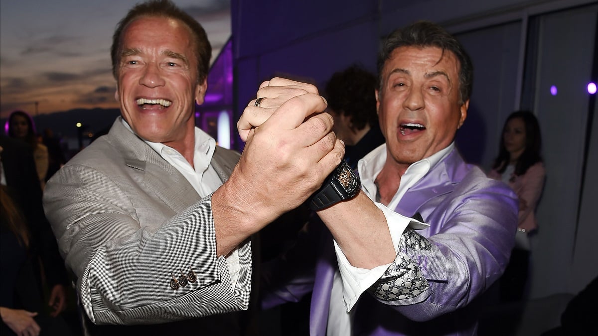 CANNES, FRANCE - MAY 18: Sylvester Stallone and Arnold Schwarzenegger attend the Expendables 3 Dinner and Party sponsored by MATCHLESS on May 18, 2014 in Cannes, France.