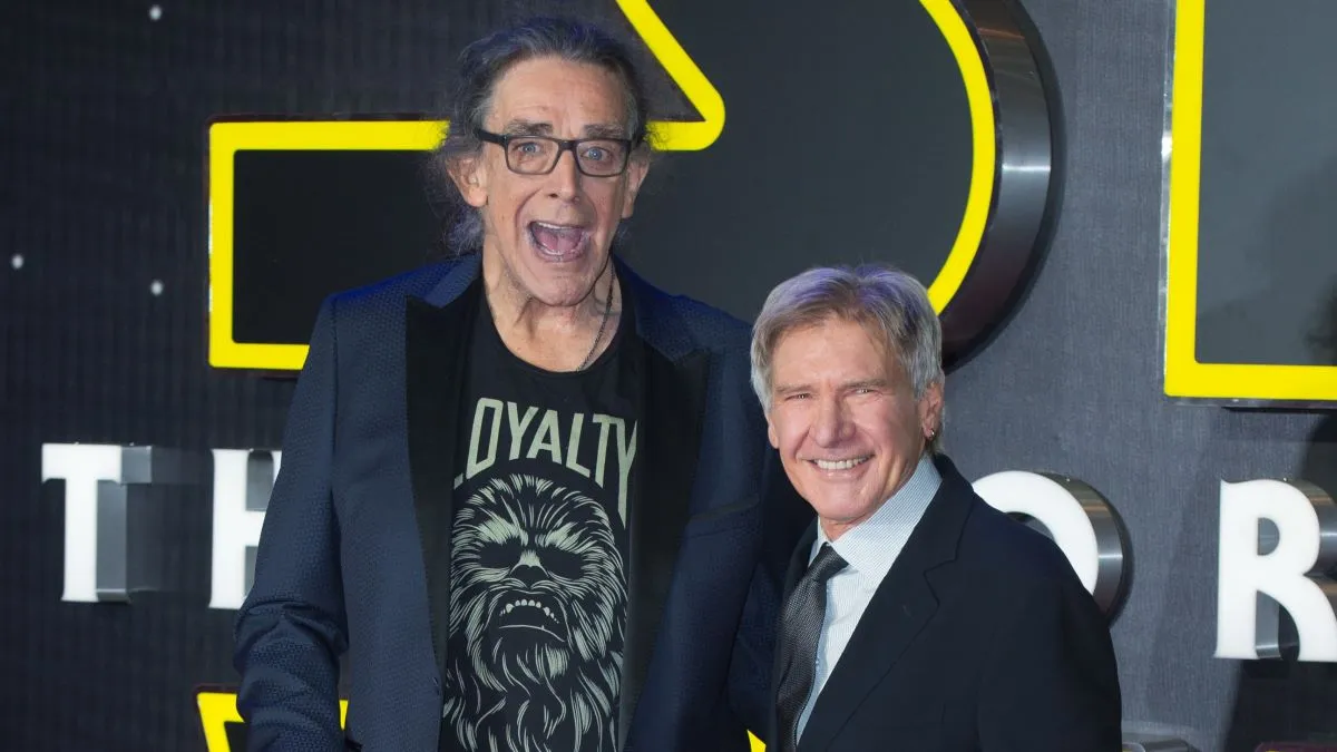Peter Mayhew and Harrison Ford arriving at the European premiere of "Star Wars - The Force Awakens" in Leicester Square, London (Photo by Zak Hussein/Corbis via Getty Images)