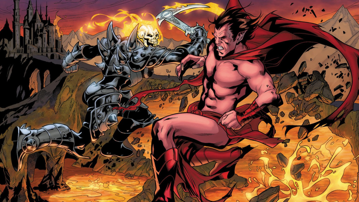 Ghost Rider e Mephisto brigando por um lago de fogo
