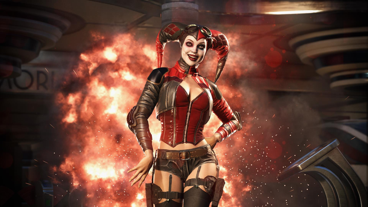 Harley Quinn walking away from an explosion in 'Injustice 2'