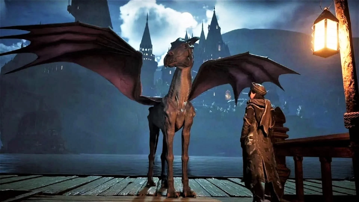 A thestral mount in Hogwarts Legacy