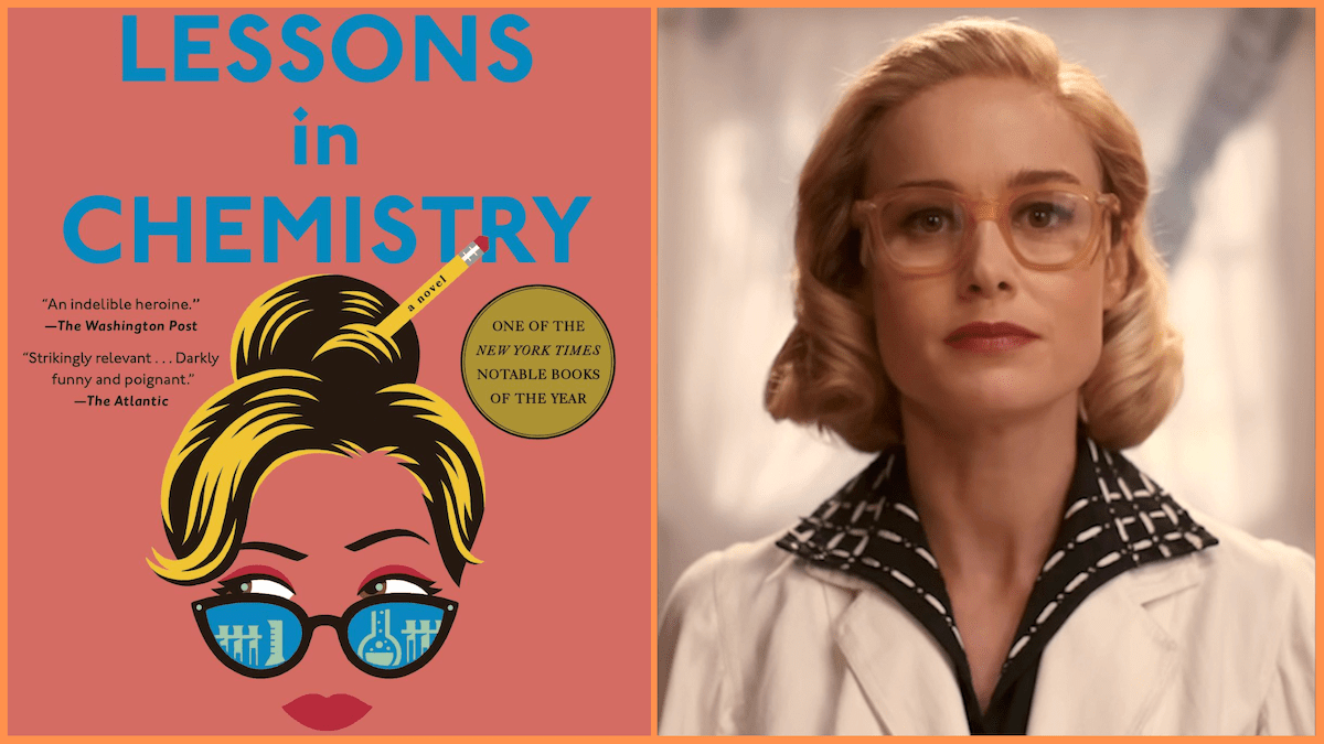 Side by side of Lessons in Chemistry book cover and Brie Larson as Elizabeth Zott from the Apple TV Plus series