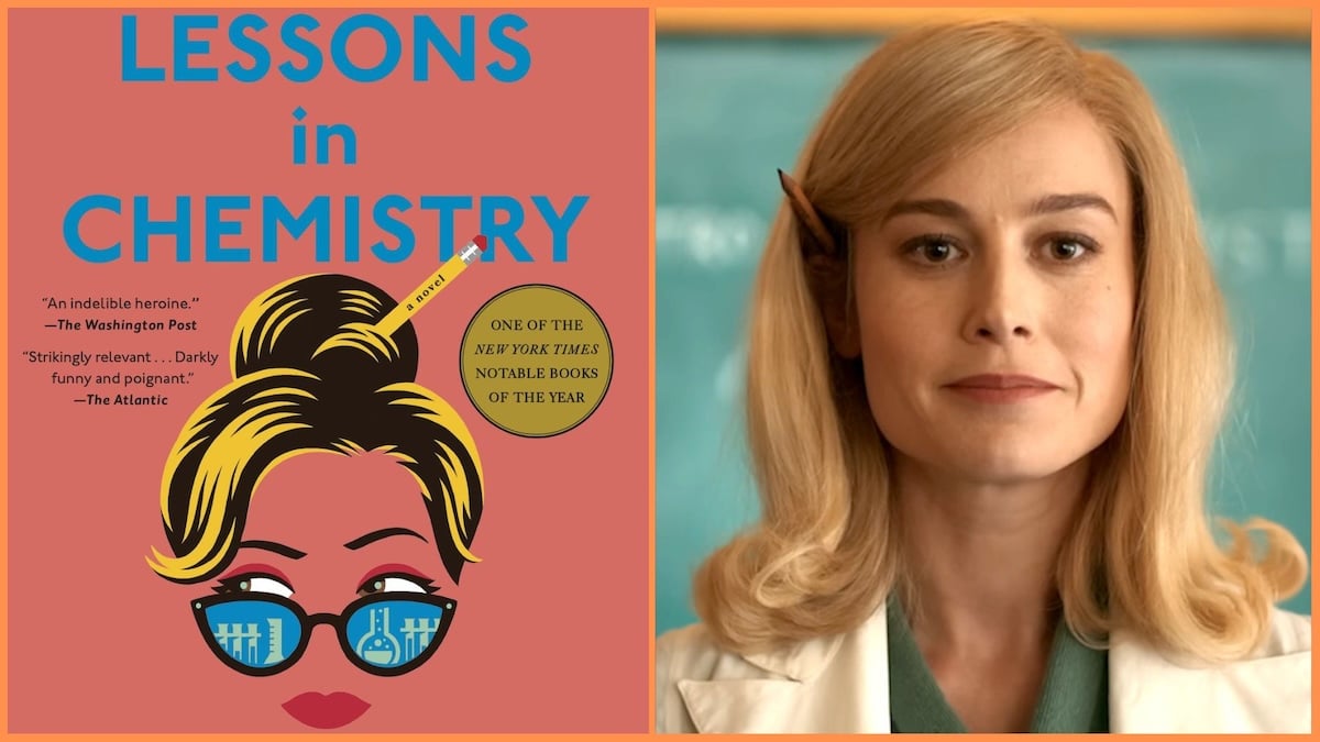 Side by side of Lessons in Chemistry book cover and Brie Larson as Elizabeth Zott from the Apple TV Plus series