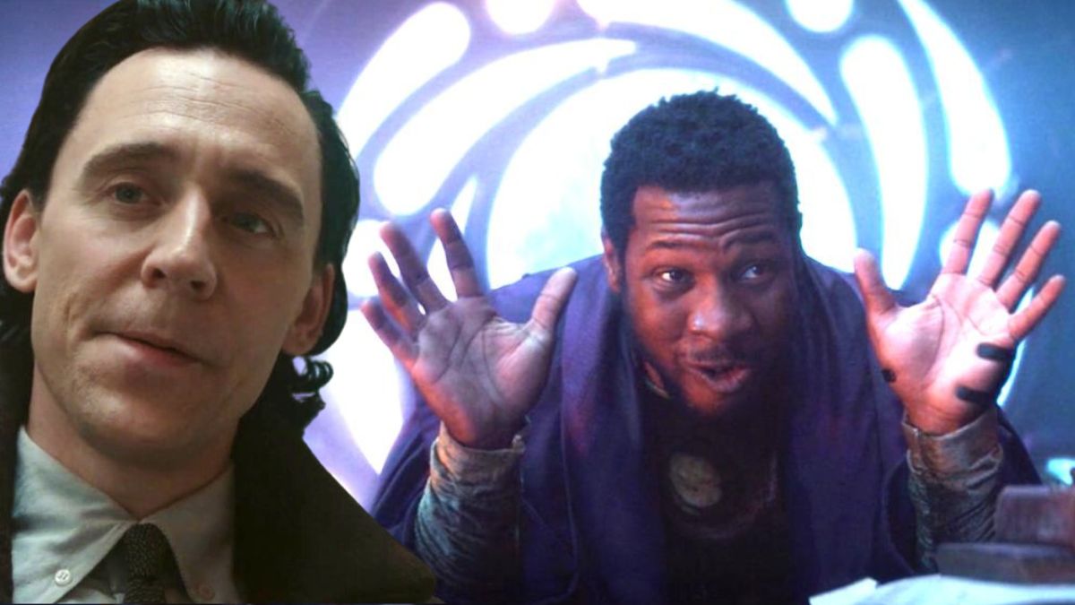 Tom Hiddleston's Loki superimposed over an image of Jonathan Majors as He Who Remains.
