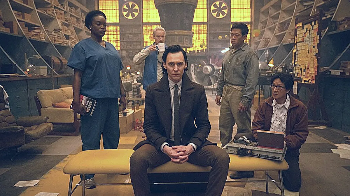 The cast of 'Loki' stand in anticipation in episode 5 of the Disney Plus series.