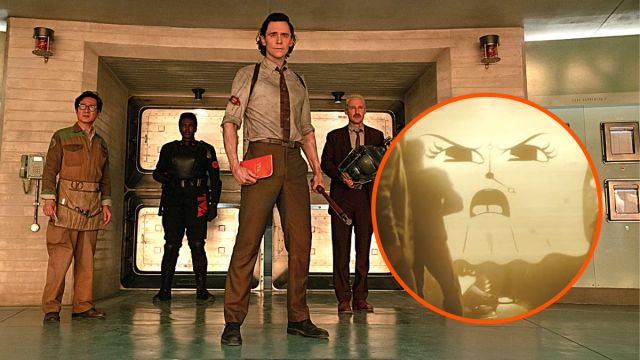 Photo montage of a still from Season 2 of the Disney Plus show 'Loki' where the cast is standing on guard against an unseen enemy and an image of a menacing variant of Miss Minutes.