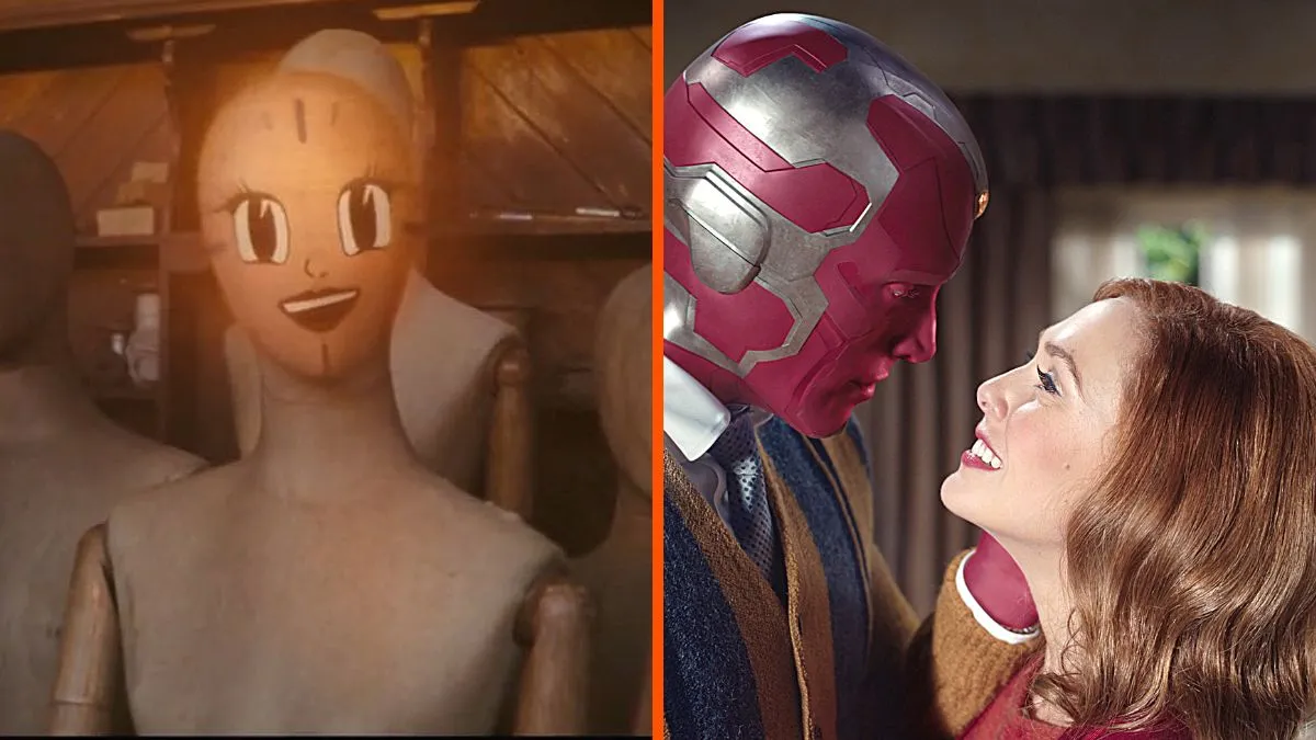 Photo montage of creepy mannequin Miss Minutes in episode 3 of 'Loki' season 2 and Vision and Wanda being in love in 'WandaVision'.