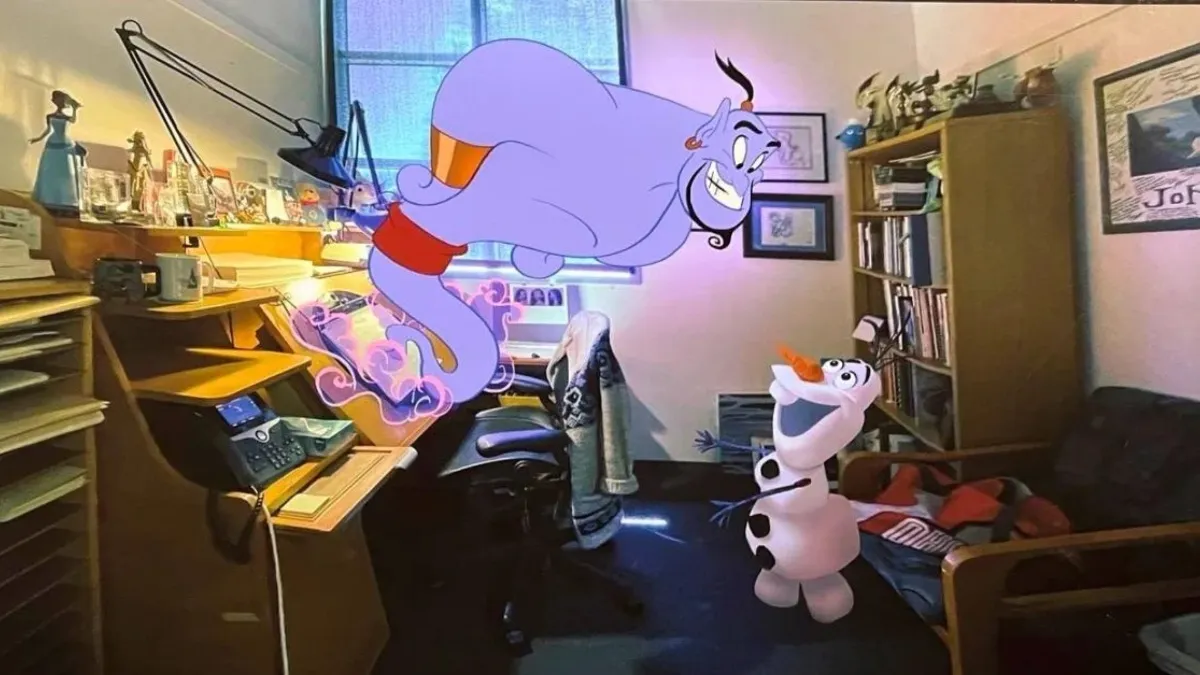 Genie greets Olaf from Frozen in a Disney animation studio.