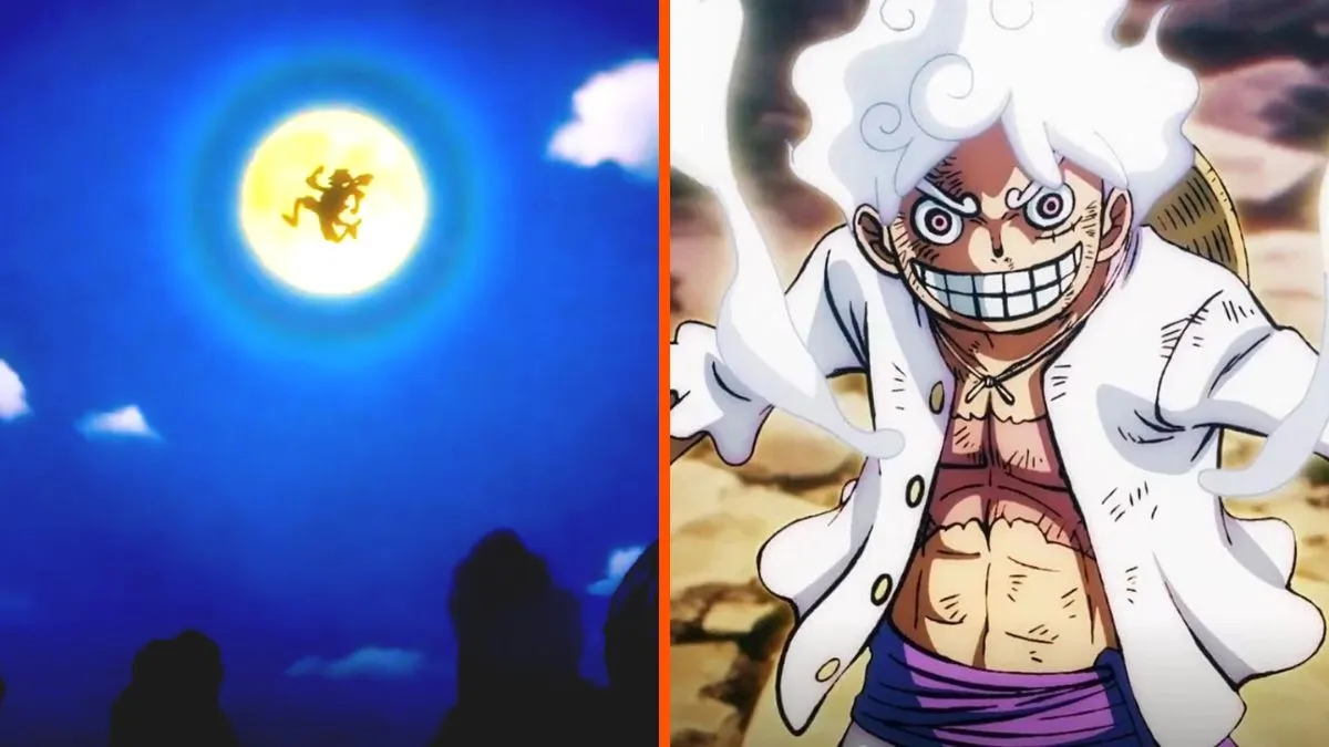Montage of the One Piece anime with Luffy in Gear 5, and the Sun God Nika side by side