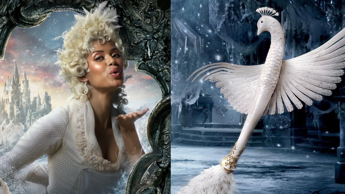 On the left, a black woman with a blonde curly wig in medieval dress. On the right, a duster ah looks like a bird with wings.