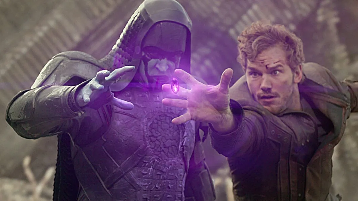 Star-Lord and Ronan The Accuser fight over the Power Stone in Marvel Studios' 'Guardians of the Galaxy'.
