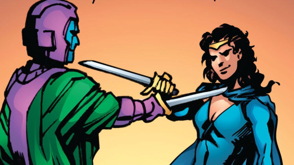Image of a panel from Marvel Comics where Kang the Conqueror and Ravonna Renslayer stand off against one another, threatening each other with swords. 