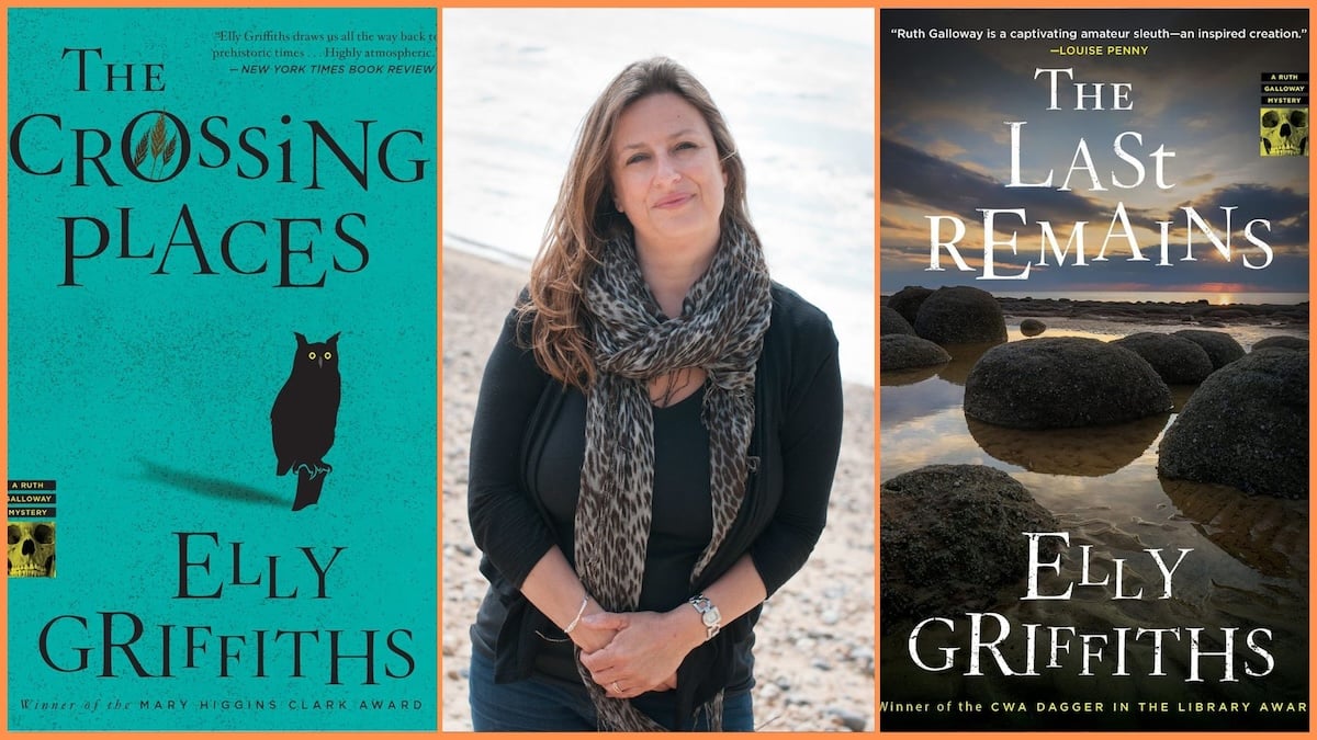 Image collage of the cover for 'The Crossing Places' by Elly Griffths, a photo of author Elly Griffths, and the cover for 'The Last Remains' by Elly Griffiths