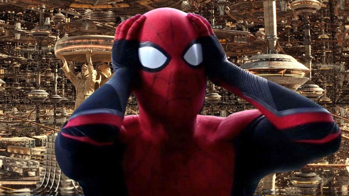 A shocked Spidey from Spider-Man: Far From Home superimposed over the TVA from Loki.